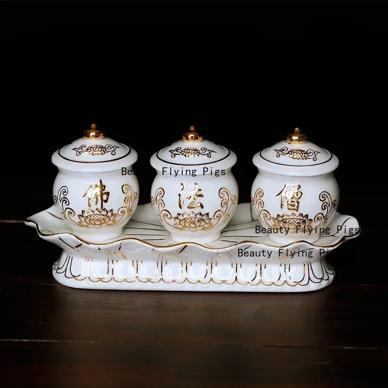 Chinese ceramic Guanyin water supply cup, three supply cups, Buddha cup offering ornaments feng shui  Buddhism