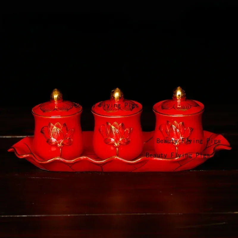 Chinese ceramic Guanyin water supply cup, three supply cups, Buddha cup offering ornaments feng shui  Buddhism