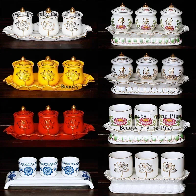 Chinese ceramic Guanyin water supply cup, three supply cups, Buddha cup offering ornaments feng shui  Buddhism