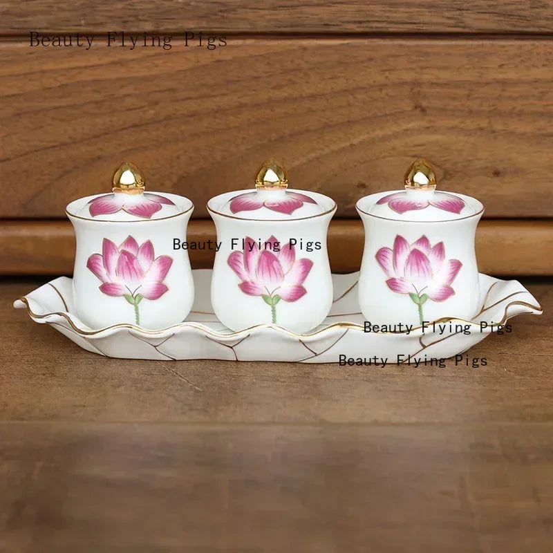 Chinese ceramic Guanyin water supply cup, three supply cups, Buddha cup offering ornaments feng shui  Buddhism