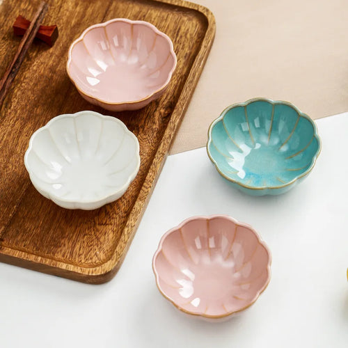 6-Piece Ceramic Banchan Bowls Set, Korean Style Flower Shape Kimchi Dishes, 4.3 Inch Appetizer Serving Plate Dishwasher Safe