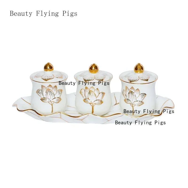 Chinese ceramic Guanyin water supply cup, three supply cups, Buddha cup offering ornaments feng shui  Buddhism