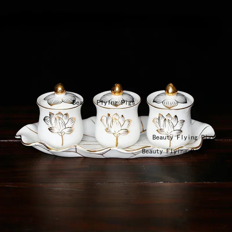 Chinese ceramic Guanyin water supply cup, three supply cups, Buddha cup offering ornaments feng shui  Buddhism