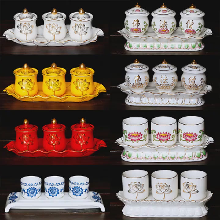 Chinese ceramic Guanyin water supply cup, three supply cups, Buddha cup offering ornaments feng shui  Buddhism